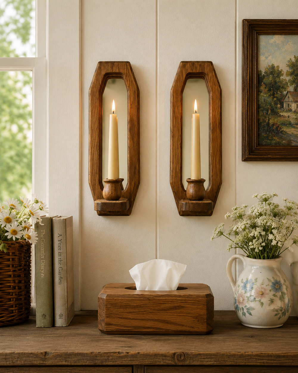 Vintage 70s 80s Pair of Wooden Mirrored Wall Sconces Candle Holders Wall Decor